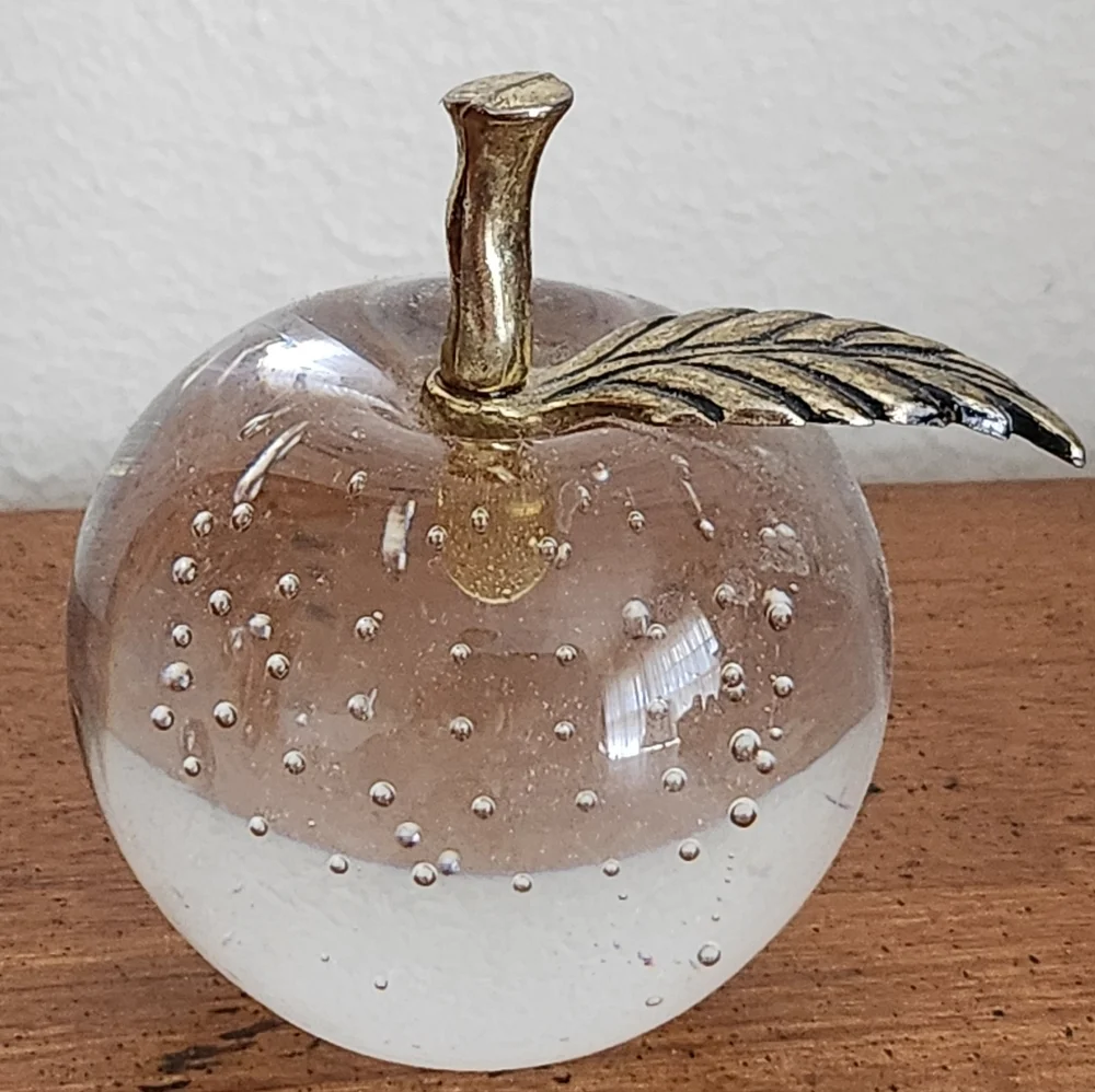 Vintage Bubble Glass/Brass Apple Paperweight
